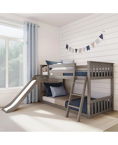 Max & Lily Twin Over Low Bunk Bed with Slide, Solid Wood Kids Platform Guardrails