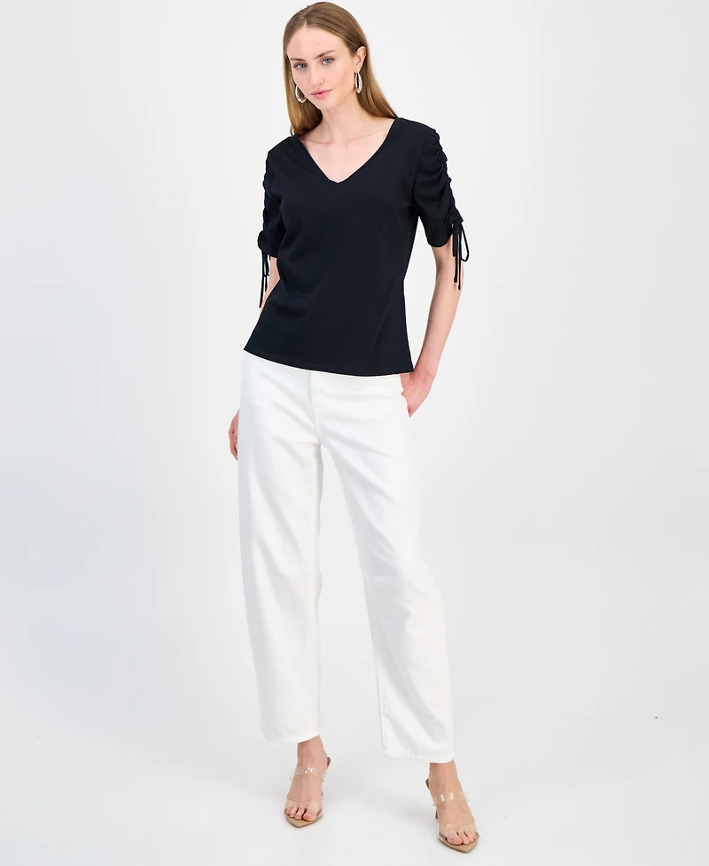 I.n.c. International Concepts Women's Ruched-Sleeve V-Neck Cotton T-Shirt, Macy's Exclusive