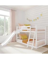 Max & Lily Twin Over Low Bunk Bed with Slide, Solid Wood Kids Platform Guardrails