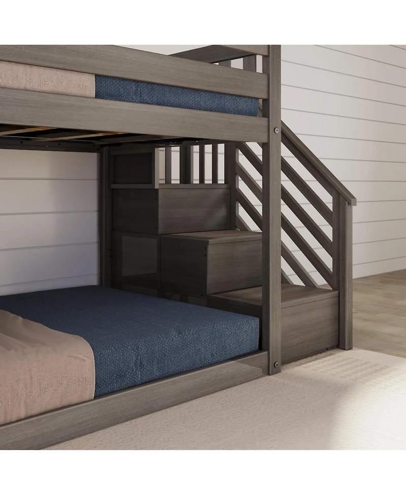 Max and Lily Twin Over Low Bunk Bed with Slide Stairs, Solid Wood Kids Platform Guardrails