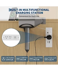 Homfan Modern Vanity Desk with Mirror Led Lights, Power Outlet, Storage Shelf, Hairdryer Rack, Adjustable Lighting, Cushioned Stool for Bedroom