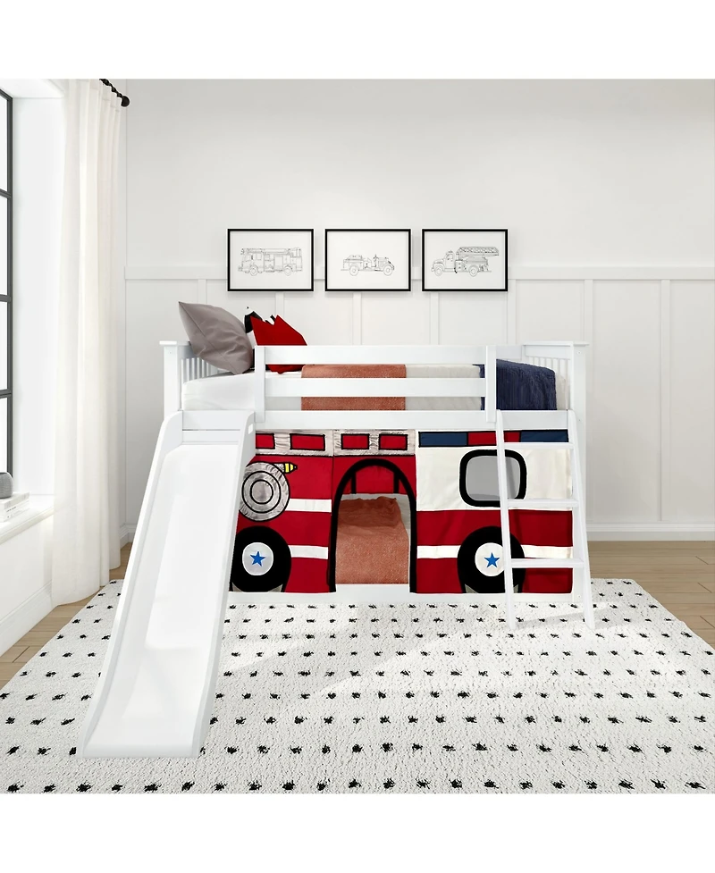 Max and Lily Low Bunk With Easy Slide Firetruck Curtain