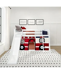 Max and Lily Low Bunk With Easy Slide Firetruck Curtain
