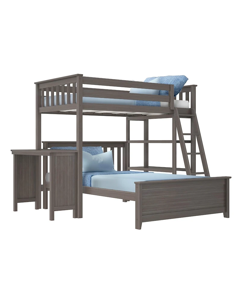 Max and Lily L-Shaped Twin over Full Bunk Bed with Bookcase Desk, Clay