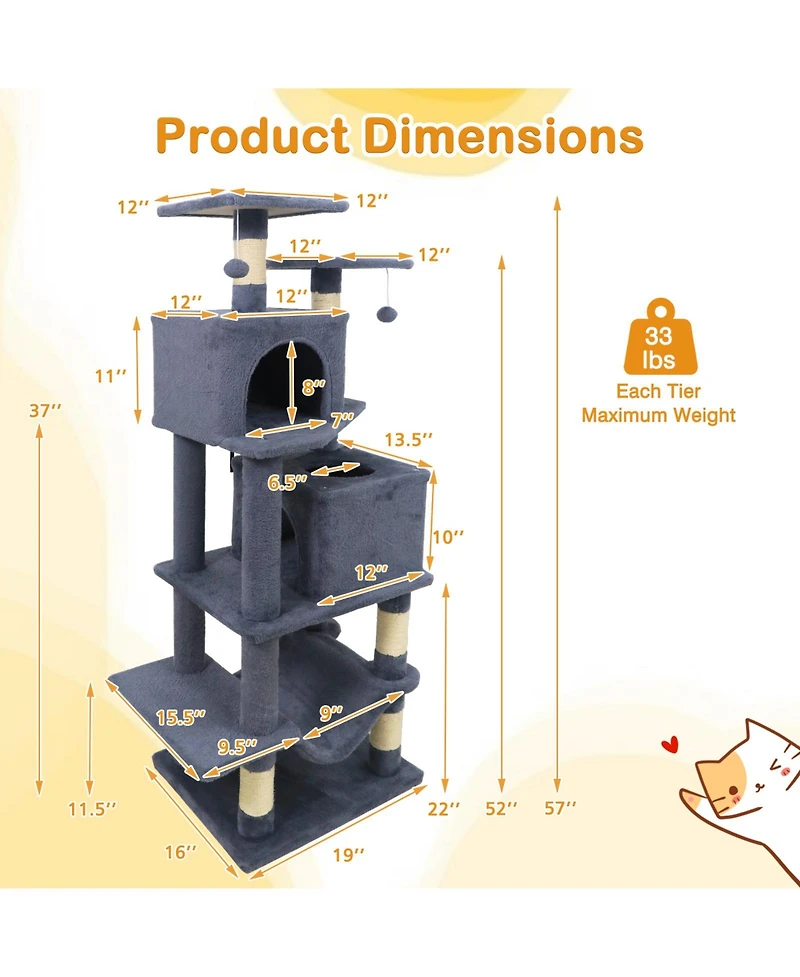 Cozito Cat Tree 57 inch with Dual Condos and Hammock Dangling Toys
