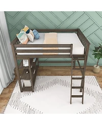 Max & Lily Full High Loft Bed with Ladder and Bookcase, Solid Wood Frame, Space Saving, 400 lbs Weight Capacity, Easy Assembly, Pecan