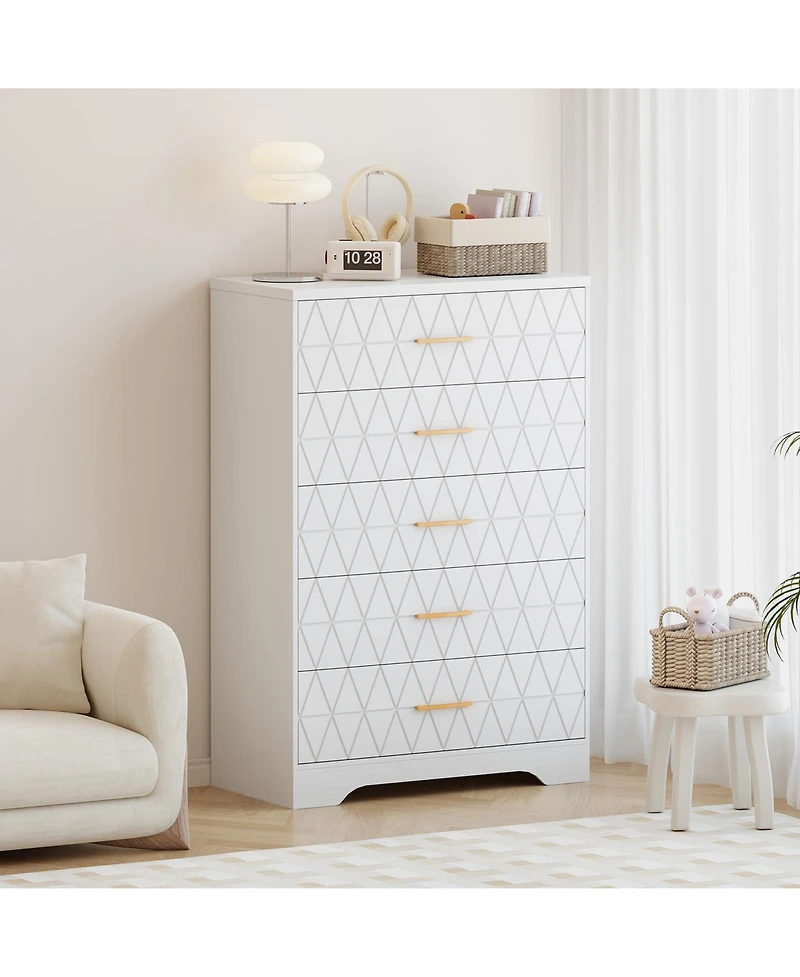 gaomon 5 Drawer Dresser for Bedroom with Gold Handles, Tall Wood Chest Storage Cabinet Organizer