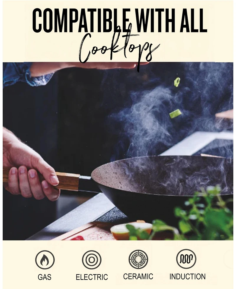 Alva Forest 12” Carbon Steel Wok Pan - Stay-Cool Acacia Handle