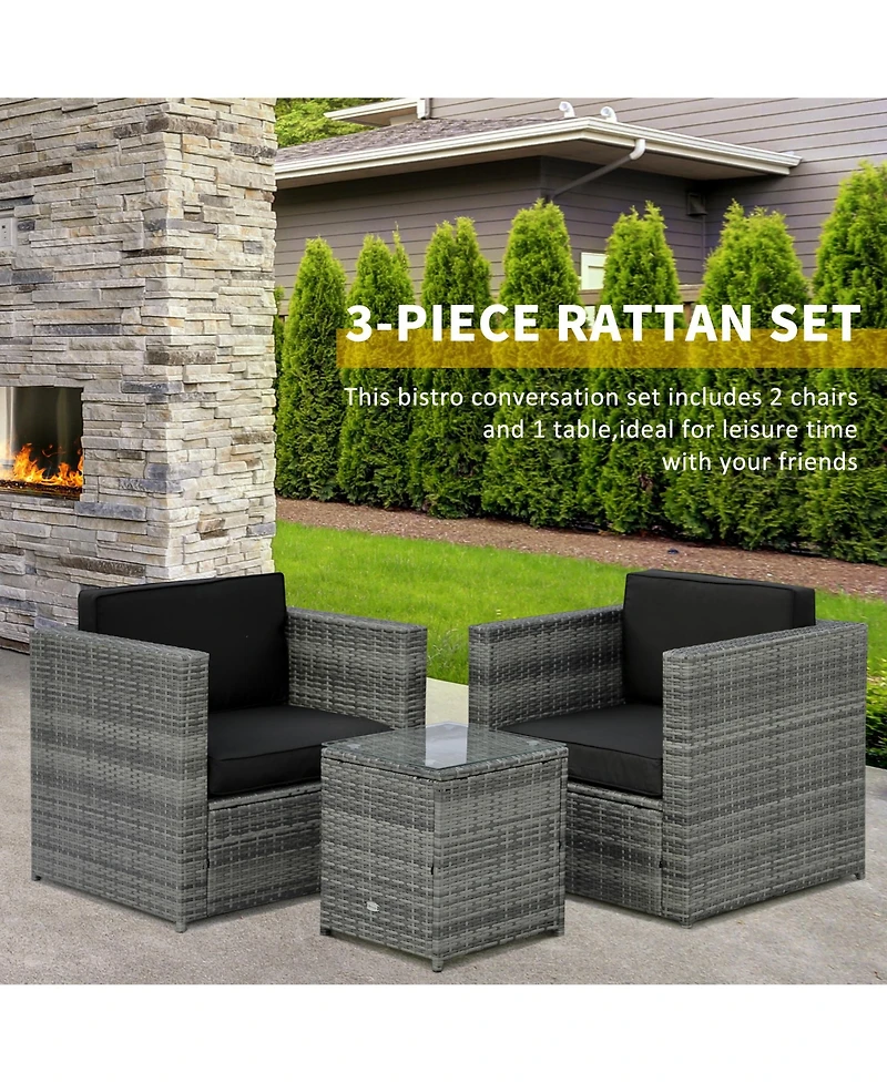 Outsunny Wicker Bistro Patio Set, 2 Porch Chairs & Glass Table,