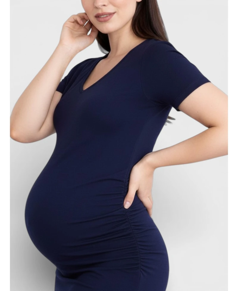 Motherhood Maternity Women's V-Neck Short Sleeve Side Ruched Bodycon Mini Dress