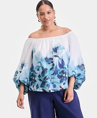 I.n.c. International Concepts Plus Printed Off-The-Shoulder Puff-Sleeve Blouse, Macy's Exclusive