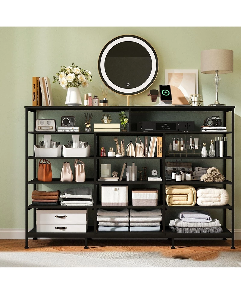 gaomon 11 Drawer Fabric Dresser with Led Lights and Power Outlet, Storage Cabinet Open Shelves