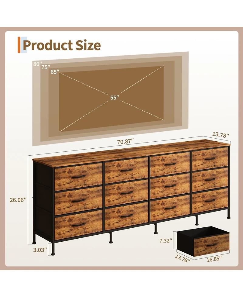 gaomon Tv Stand with 12 Fabric Drawers, Wide Storage Dresser Entertainment Center for Up to 80" Tv