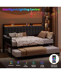 gaomon Twin Bed Frame Daybed with Trundle - Led Light and Charging Station, Upholstered Sofa Storage Headboard