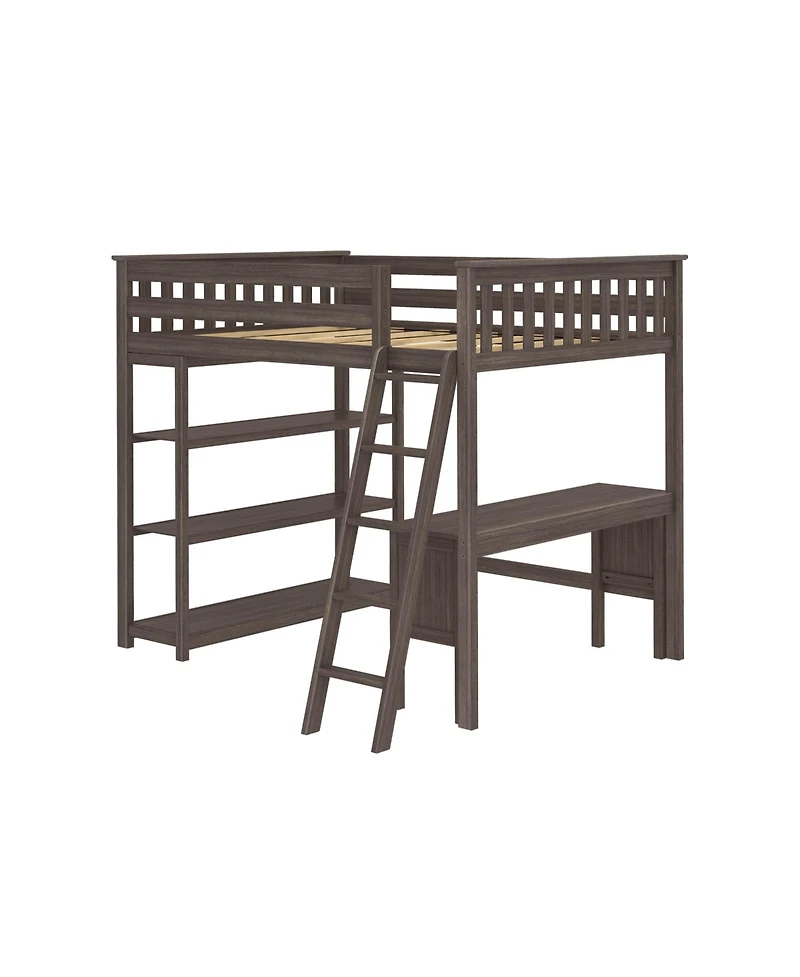 Max and Lily Full High Loft Bed with Desk, Ladder Bookcase, Solid Wood Frame, Space Saving, 400 lbs Weight Capacity, Easy Assembly