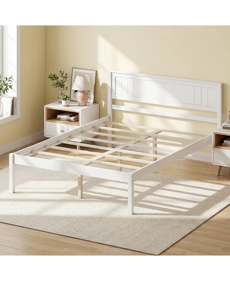 Slickblue Wooden Platform Bed Frame with Headboard and Slat Support