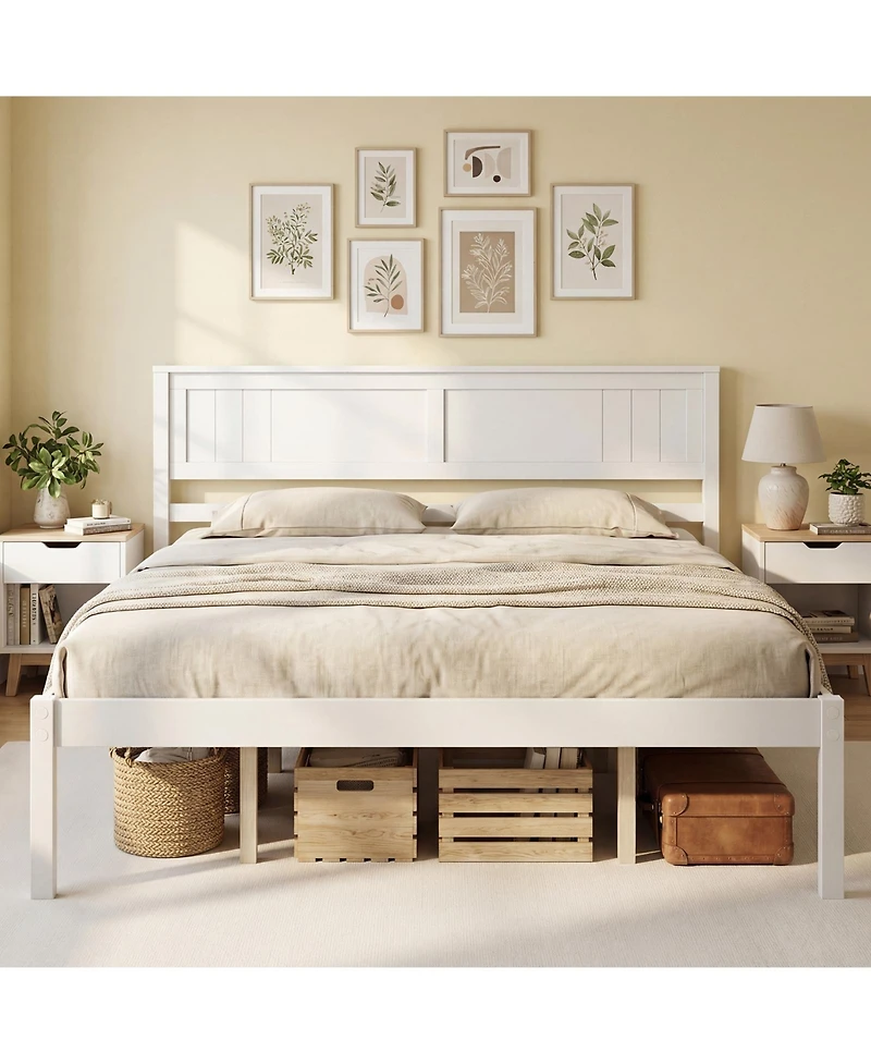 Slickblue Wooden Platform Bed Frame with Headboard and Slat Support