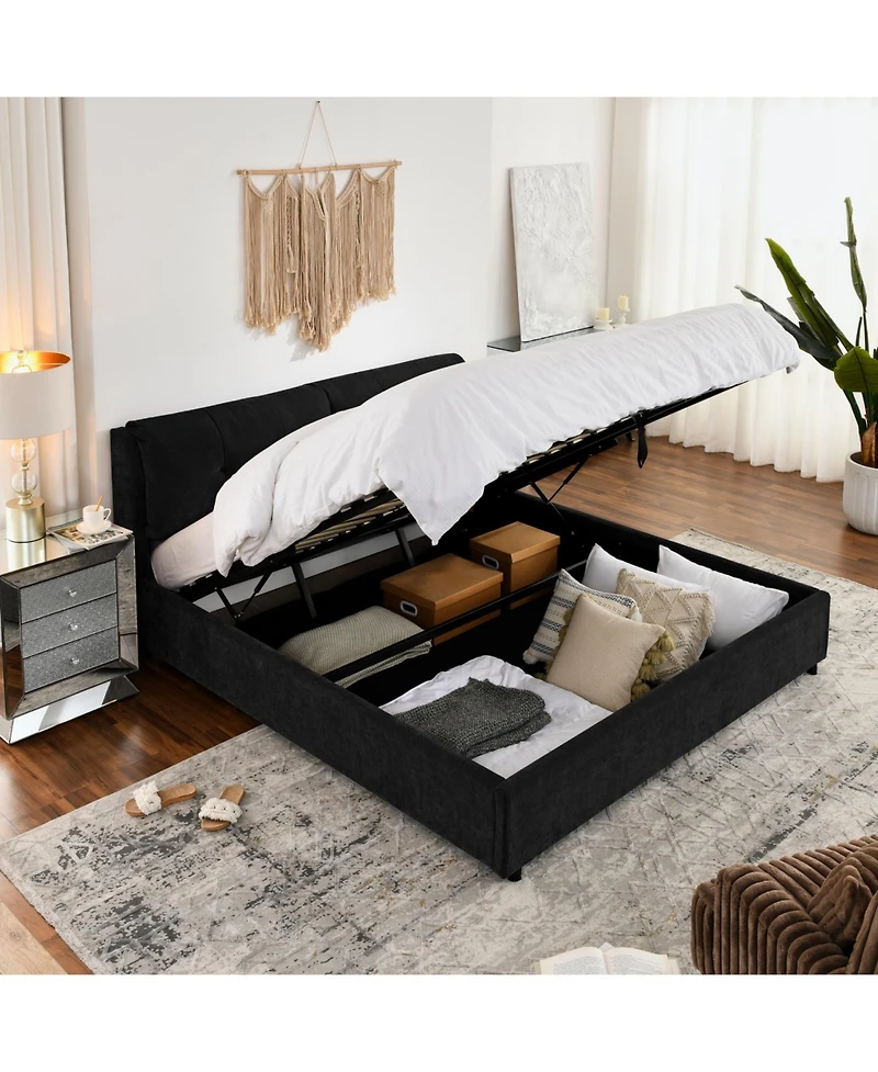 Rainsken King Size Upholstered Platform Bed Frame, with Under-Bed Storage and Dual Hydraulic System, Chenille Fabric, for Kids Teens Adults