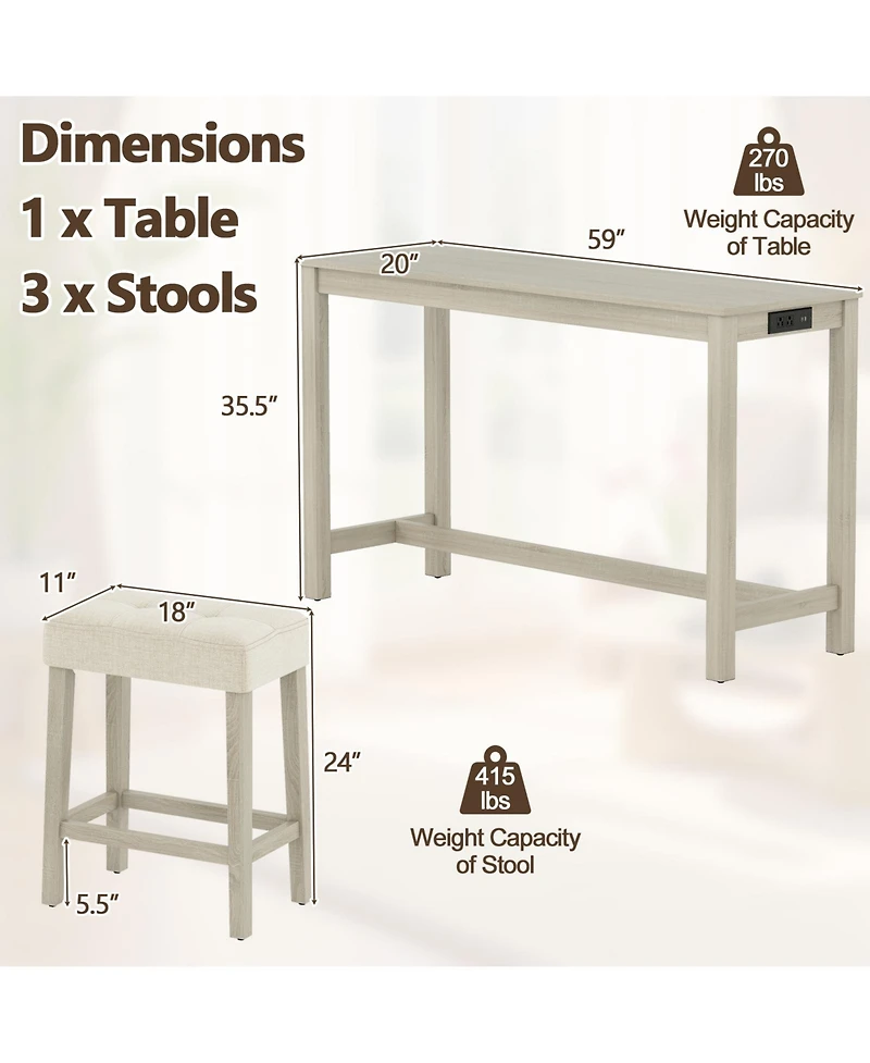 Gymax 4PCS Bar Table Set w/Charging Station 3 Padded Stools for Living Room Kitchen