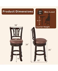 Slickblue Set of 2 Counter Height Bar Stools with Swivel Seat, Back Support and Wooden Frame