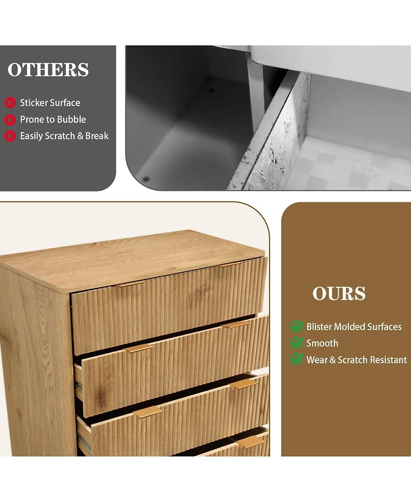 gaomon 5 Drawer Fluted Dresser, 48" Tall Modern Wood Storage Chest