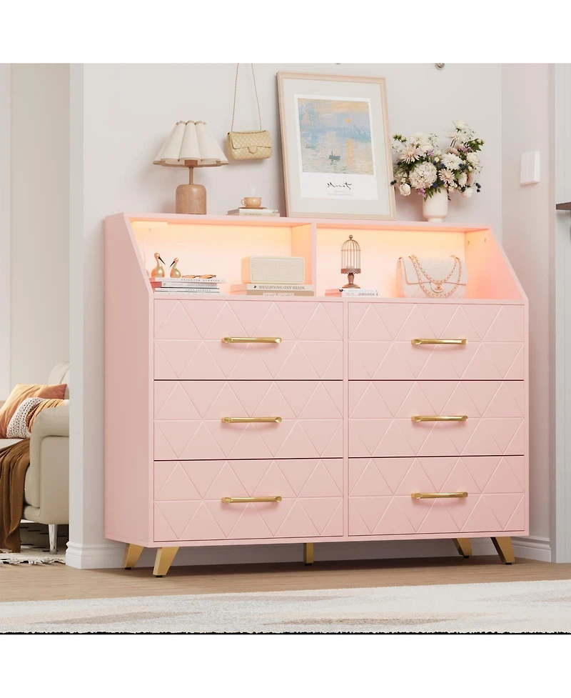 gaomon 6 Drawer Dresser with Charging Station, Shelf and Led Light, 47 inches Modern Wooden Chest