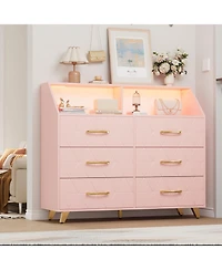 gaomon 6 Drawer Dresser with Charging Station, Shelf and Led Light, 47 inches Modern Wooden Chest