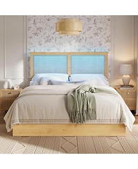 gaomon Size Rattan Bed Frame with 4 Storage Drawer, Boho Style Rattan Bed with Led Light and Natural Headboard, Sturdy Wooden Slats Support