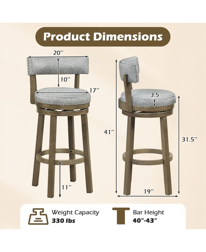 Slickblue Linen Fabric Swivel Bar Stools Set of 2 with Back Support for Kitchen and Dining Area