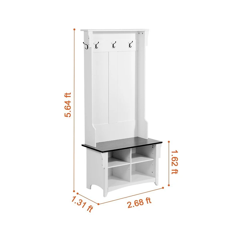 Sugift 32 in Wide Hall Tree Entryway Bench with Coat Hooks, Shoe Storage, and Padded Seat