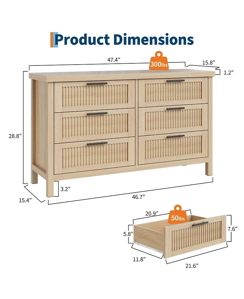 gaomon Fluted Drawer Dresser for Bedroom, Rattan Chest of Dressers
