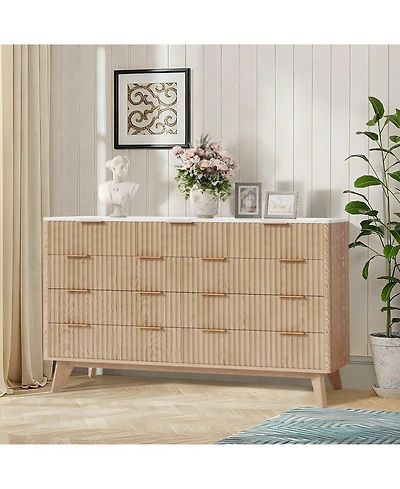 gaomon 54" Fluted 9 Drawer Wood Dresser with Metal Handles and Curved Profile, Modern Tv Stand