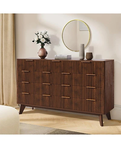 gaomon 54" Fluted 9 Drawer Wood Dresser with Metal Handles and Curved Profile, Modern Tv Stand