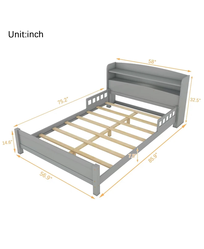 Sailvan Full Pine Wood Bed with Bookcase Headboard, Led Motion Sensor Light and Guardrails