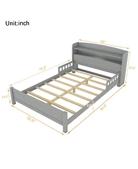 Sailvan Full Pine Wood Bed with Bookcase Headboard, Led Motion Sensor Light and Guardrails