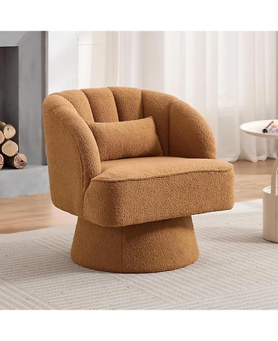 gaomon Modern Swivel Barrel Accent Chair,360 Teddy Fabric Upholstered Armchair with Striped Backrest and Plush Padding,Comfy Round Lounge Chair