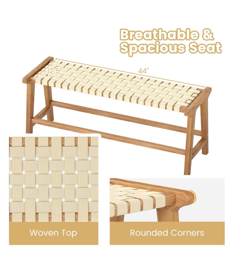 Sugift 47 in Teak Wood Backless Outdoor Bench with Hand-Woven Pp Seat