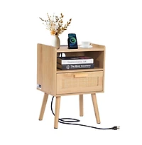 Sugift Rattan Nightstand with Built-In Charging Station, Drawer, and Open Shelf