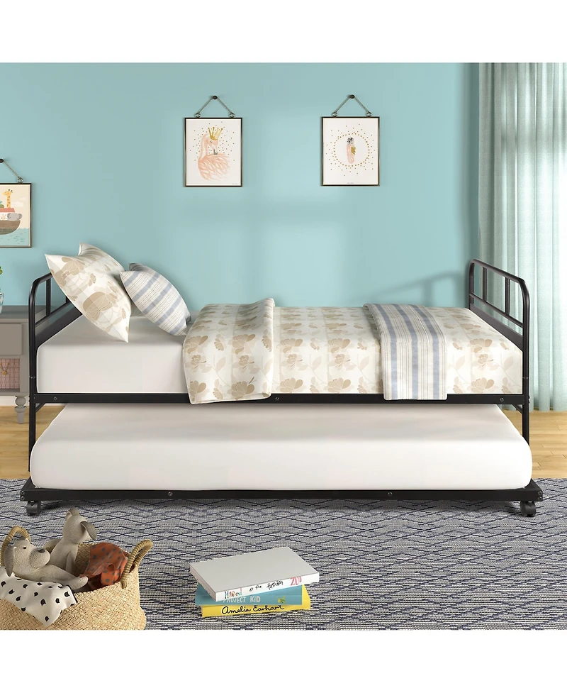 Rainsken Daybed with Trundle, Twin Size Metal Platform Bed Frame Built-in Casters, Heavy-Duty Sofa Bed for Living Room and Bedroom