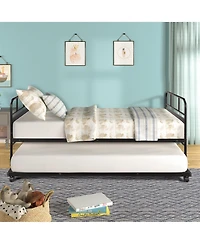 Rainsken Daybed with Trundle, Twin Size Metal Platform Bed Frame Built-in Casters, Heavy-Duty Sofa Bed for Living Room and Bedroom