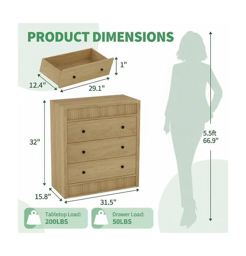 gaomon Fluted 3 Drawer Wooden Dresser, 31.5" Wide Modern Nightstand Storage Cabinet for Bedroom