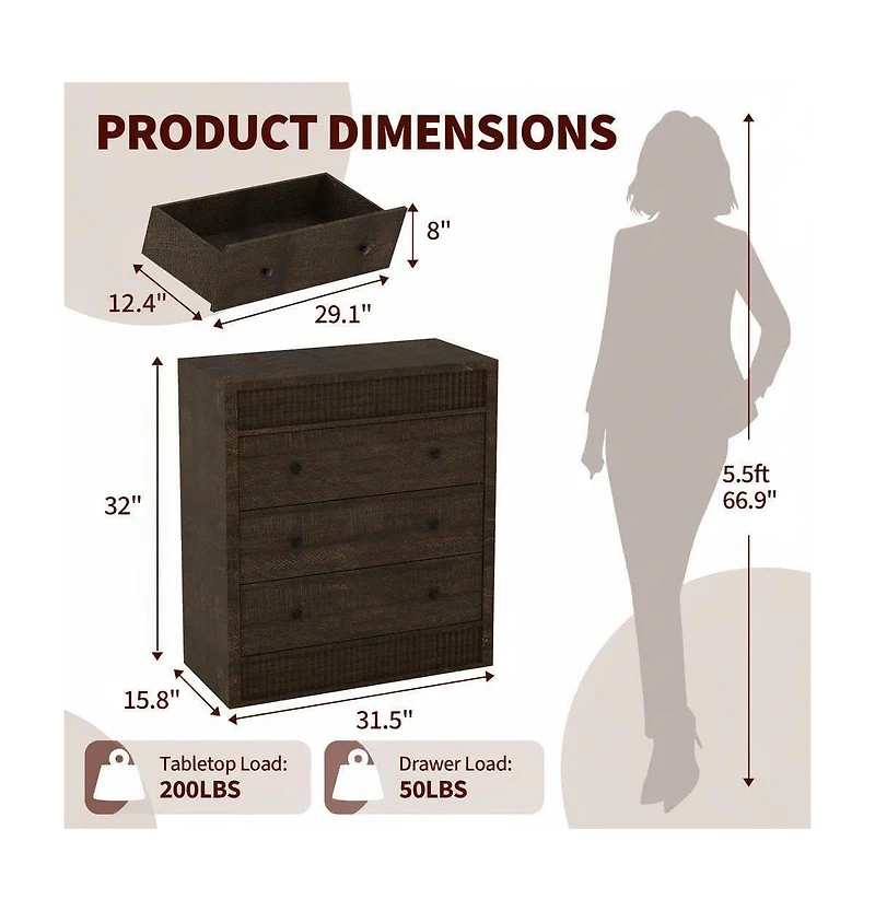 gaomon Fluted 3 Drawer Wooden Dresser, 31.5" Wide Modern Nightstand Storage Cabinet for Bedroom