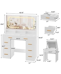 Homfan Makeup Vanity Desk Set with Large Lighted Mirror, 8 Drawers, 3 Storage Shelves, Glass Top, Stool, Built-in Power Outlet