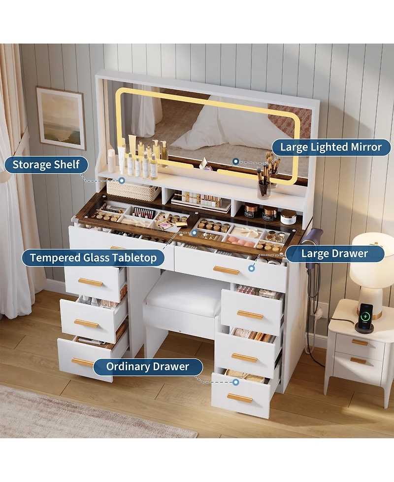 Homfan Makeup Vanity Desk Set with Large Lighted Mirror, 8 Drawers, 3 Storage Shelves, Glass Top, Stool, Built-in Power Outlet