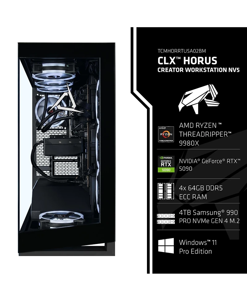 Clx Horus Creator Workstation-Liquid Cooled Amd Ryzen Threadripper 9980X 3.2GHz 64-Core, 256GB DDR5, Rtx 5090 32GB, 4TB Ssd, WiFi, Windows 11 Pro