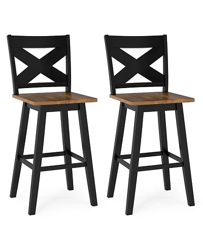 Slickblue Set of 2 Rubberwood Swivel Barstools with Backrest & Wide Seat