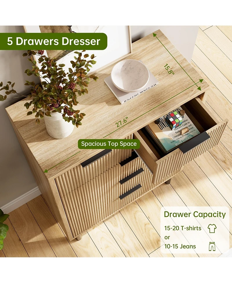 gaomon 5-Drawer Fluted Dresser for Bedroom, Modern Wide Chest of Drawers with Metal Legs Storage Cabinet