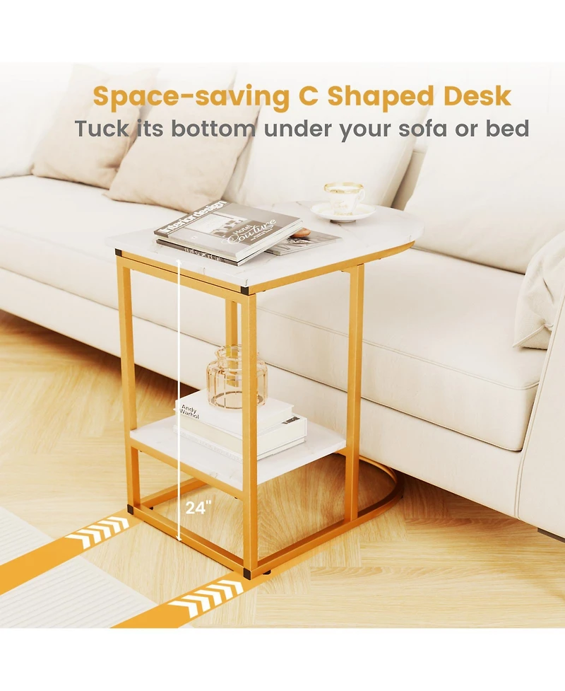 Gymax C-Shaped Side Table Compact 2-tier Storage End for Small Space