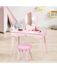 Gouun Kids Wood Vanity Dressing Table with Drawers and Cushioned Stool
