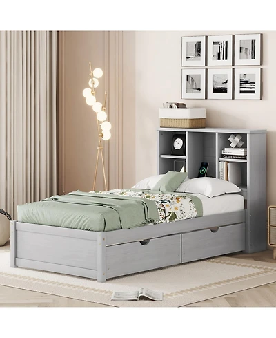 Rainsken Twin Storage Bed, with Bookcase Headboard and 2 Drawers, Built-in Usb Port, for Kids Teens Adults, No Box Spring Needed